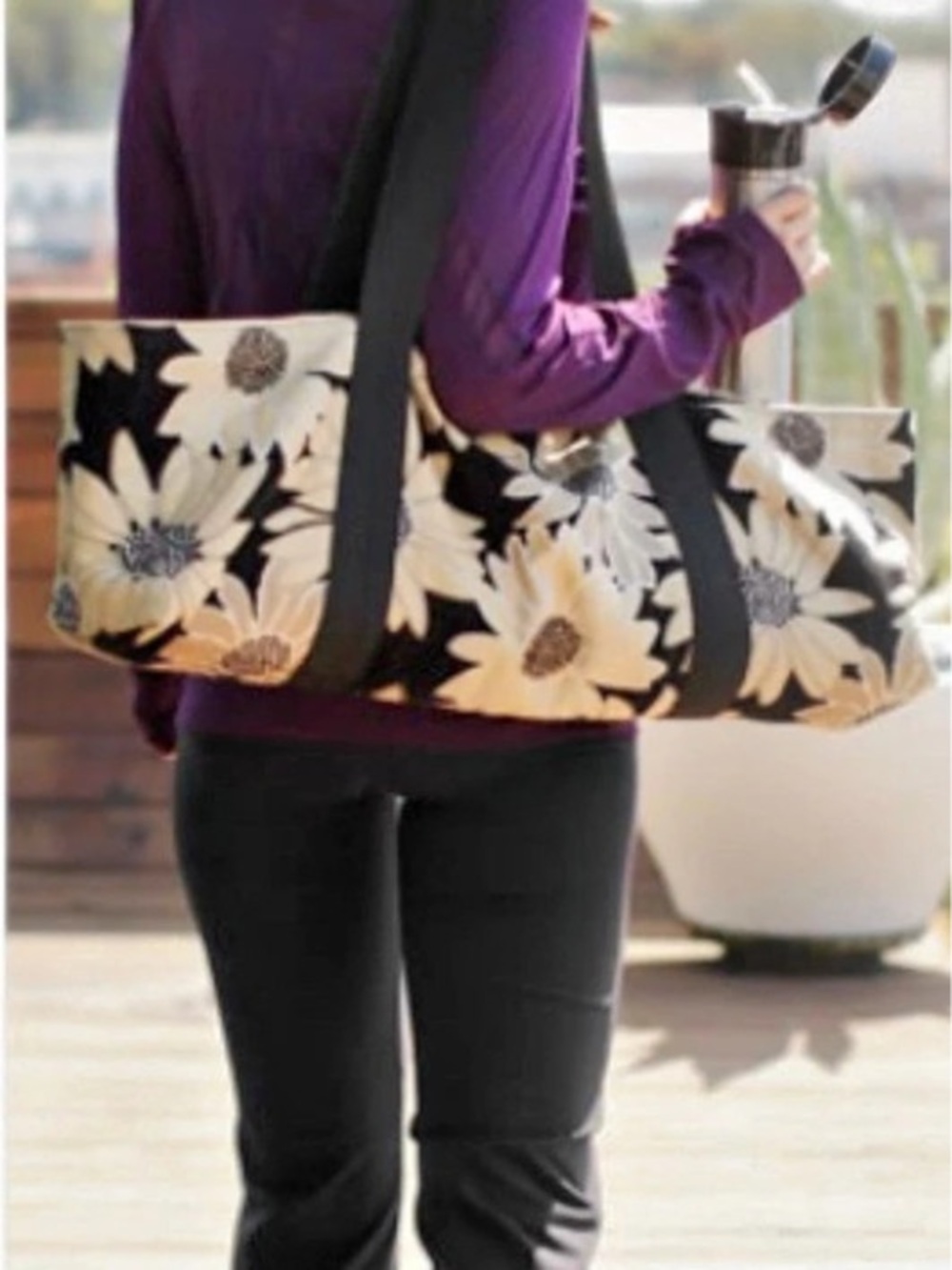 Designer Yoga bag by Kim Michie in a floral chenille of black & cream.